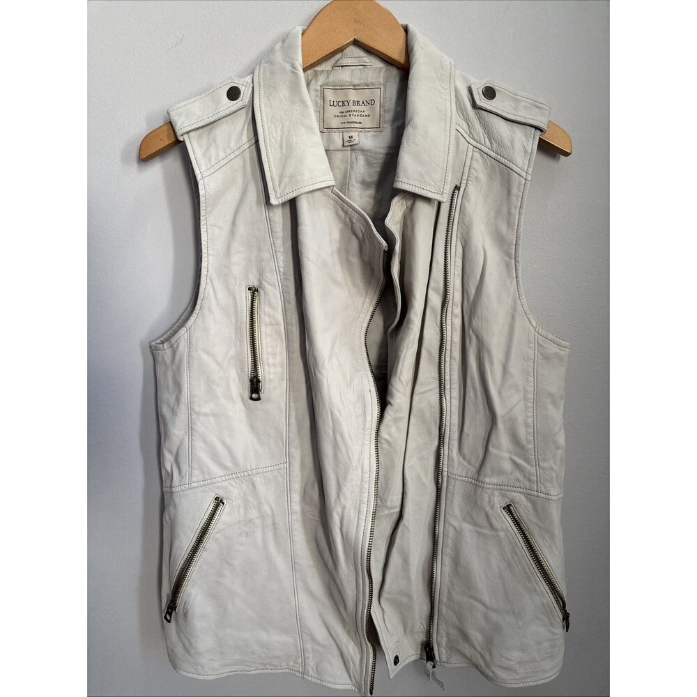 Lucky Brand Lamb Leather Ivory Beige Zipper Motto Long Vest Jacket Size Medium